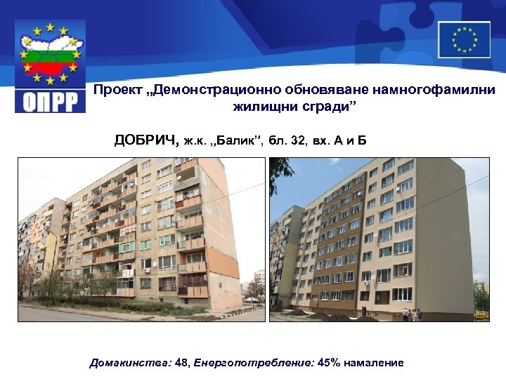 Проект „Демонстрационно обновяване намногофамилни жилищни сгради” ДОБРИЧ, ж. к. „Балик”, бл. 32, вх. А