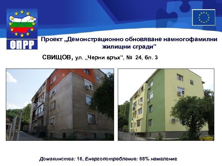 Проект „Демонстрационно обновяване намногофамилни жилищни сгради” СВИЩОВ, ул. „Черни връх”, № 24, бл. 3