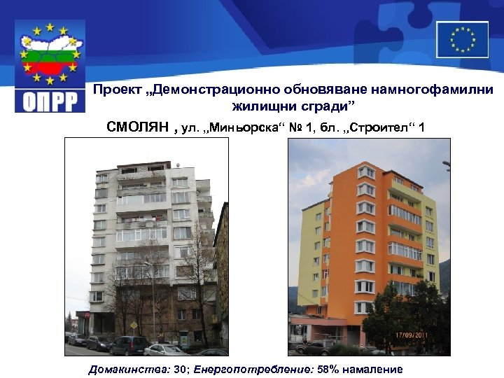 Проект „Демонстрационно обновяване намногофамилни жилищни сгради” СМОЛЯН , ул. „Миньорска“ № 1, бл. „Строител“