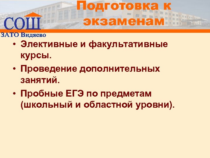 Подготовка к экзаменам • Элективные и факультативные курсы. • Проведение дополнительных занятий. • Пробные