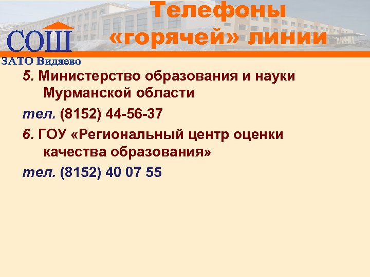 Телефоны «горячей» линии 5. Министерство образования и науки Мурманской области тел. (8152) 44 -56