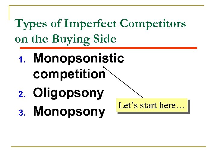 Types of Imperfect Competitors on the Buying Side 1. 2. 3. Monopsonistic competition Oligopsony