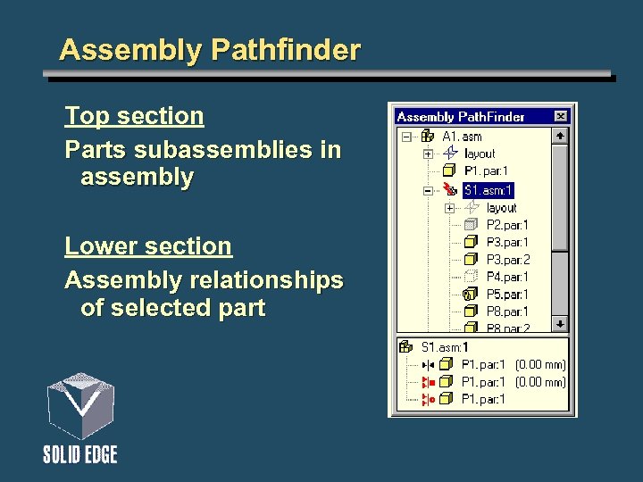 Assembly Pathfinder Top section Parts subassemblies in assembly Lower section Assembly relationships of selected