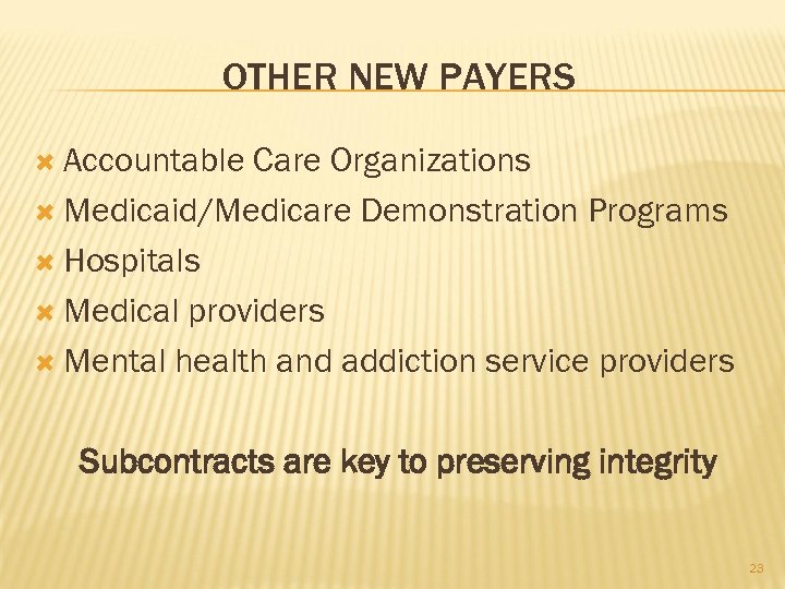 OTHER NEW PAYERS Accountable Care Organizations Medicaid/Medicare Demonstration Programs Hospitals Medical providers Mental health