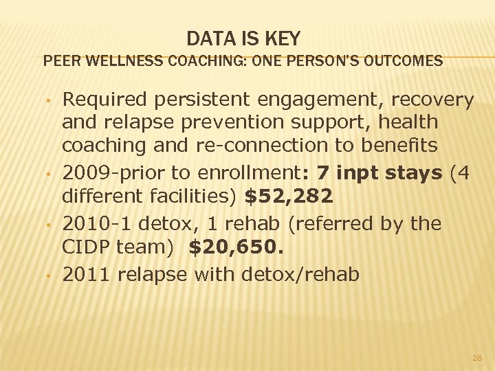 DATA IS KEY PEER WELLNESS COACHING: ONE PERSON’S OUTCOMES • • Required persistent engagement,
