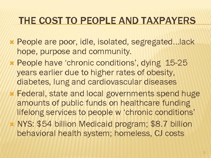 THE COST TO PEOPLE AND TAXPAYERS People are poor, idle, isolated, segregated…lack hope, purpose
