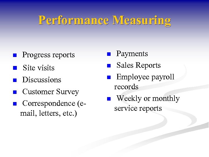 Performance Measuring n n n Progress reports Site visits Discussions Customer Survey Correspondence (email,