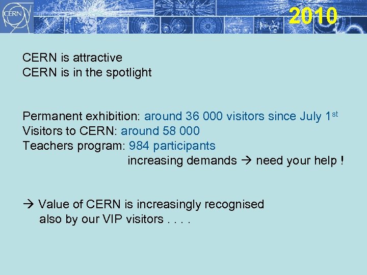 2010 CERN is attractive CERN is in the spotlight Permanent exhibition: around 36 000