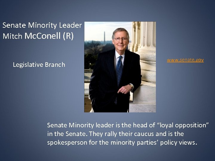 Senate Minority Leader Mitch Mc. Conell (R) Legislative Branch www. senate. gov Senate Minority