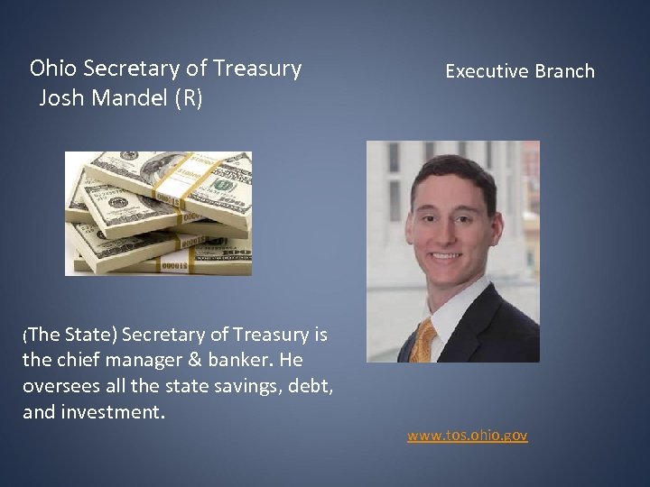 Ohio Secretary of Treasury Josh Mandel (R) Executive Branch (The State) Secretary of Treasury