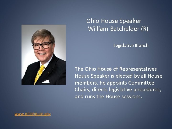 Ohio House Speaker William Batchelder (R) Legislative Branch The Ohio House of Representatives House