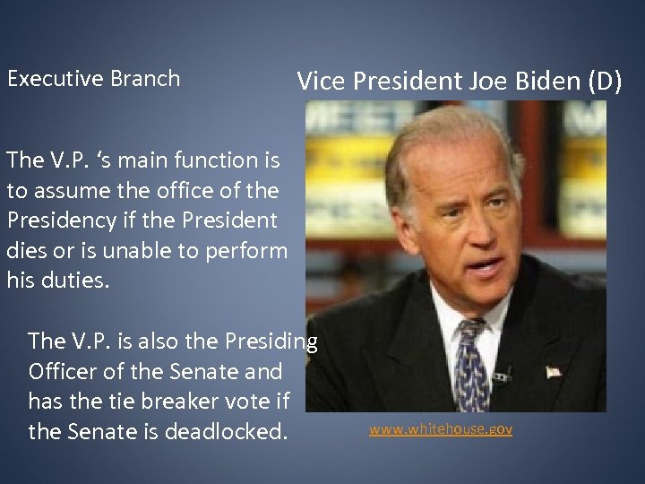 Executive Branch Vice President Joe Biden (D) The V. P. ‘s main function is