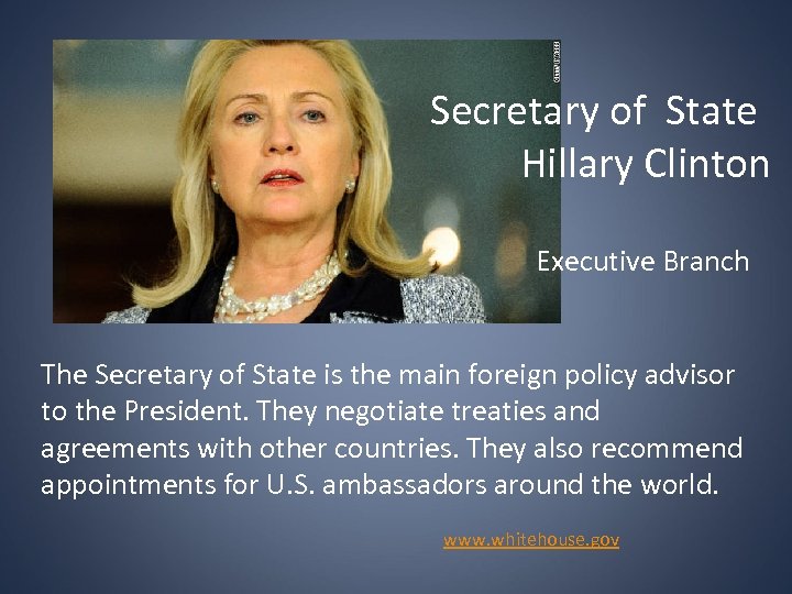 Secretary of State Hillary Clinton Executive Branch The Secretary of State is the main