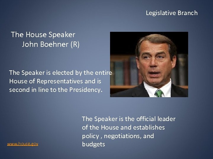 Legislative Branch The House Speaker John Boehner (R) The Speaker is elected by the