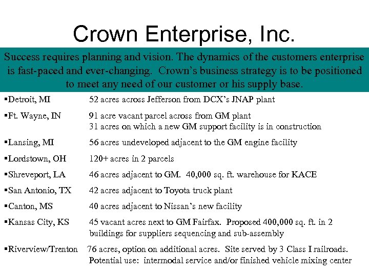 Crown Enterprise, Inc. Success requires planning and vision. The dynamics of the customers enterprise
