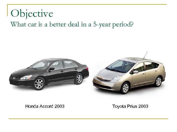 Objective What car is a better deal in a 5 -year period? Honda Accord