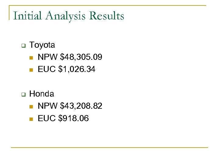 Initial Analysis Results q q Toyota n NPW $48, 305. 09 n EUC $1,