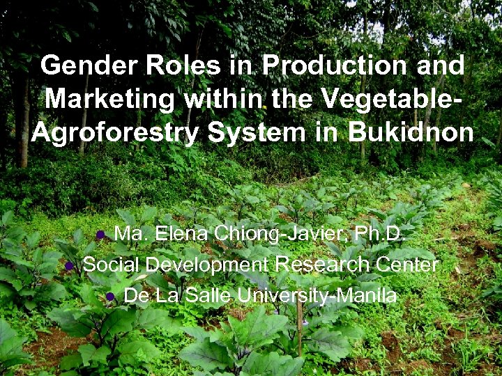 Gender Roles in Production and Marketing within the Vegetable. Agroforestry System in Bukidnon l