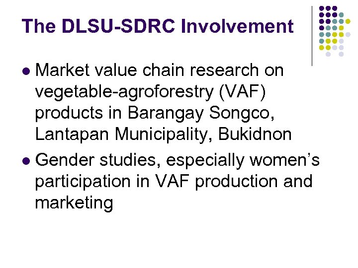 The DLSU-SDRC Involvement Market value chain research on vegetable-agroforestry (VAF) products in Barangay Songco,