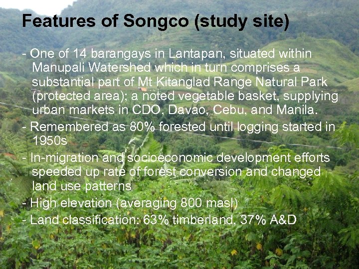 Features of Songco (study site) - One of 14 barangays in Lantapan, situated within