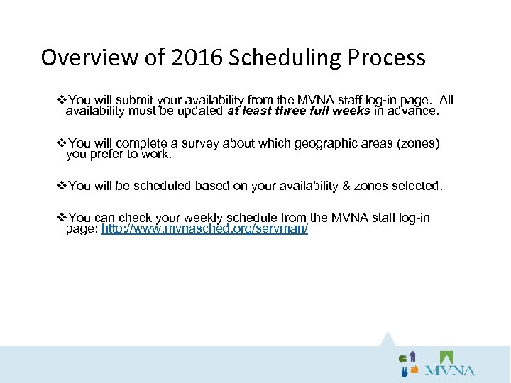 Overview of 2016 Scheduling Process v. You will submit your availability from the MVNA