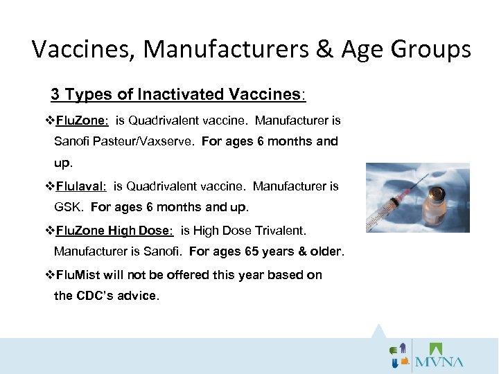 Vaccines, Manufacturers & Age Groups 3 Types of Inactivated Vaccines: v. Flu. Zone: is