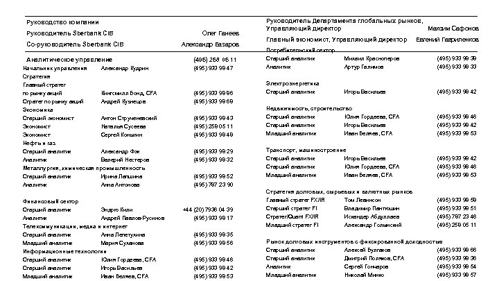  Руководство компании Руководитель Sberbank CIB Со-руководитель Sberbank CIB Аналитическое управление Начальник управления Стратегия