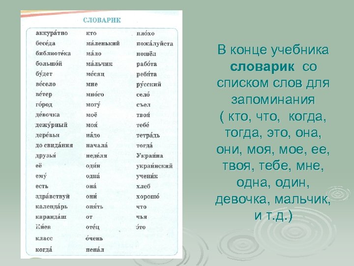 В конце учебника словарик со списком слов для запоминания ( кто, что, когда, тогда,