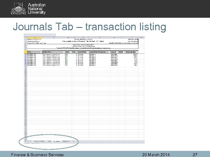 Journals Tab – transaction listing Finance & Business Services 20 March 2014 27 