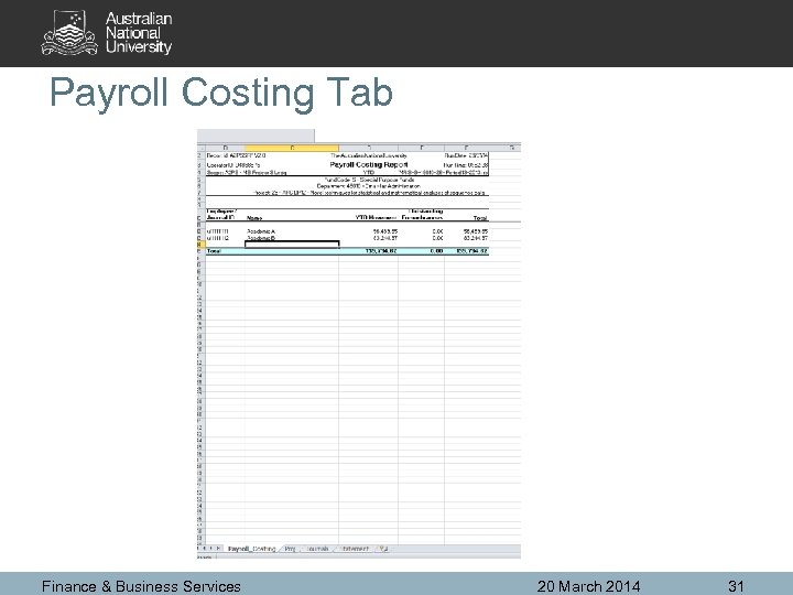 Payroll Costing Tab Finance & Business Services 20 March 2014 31 