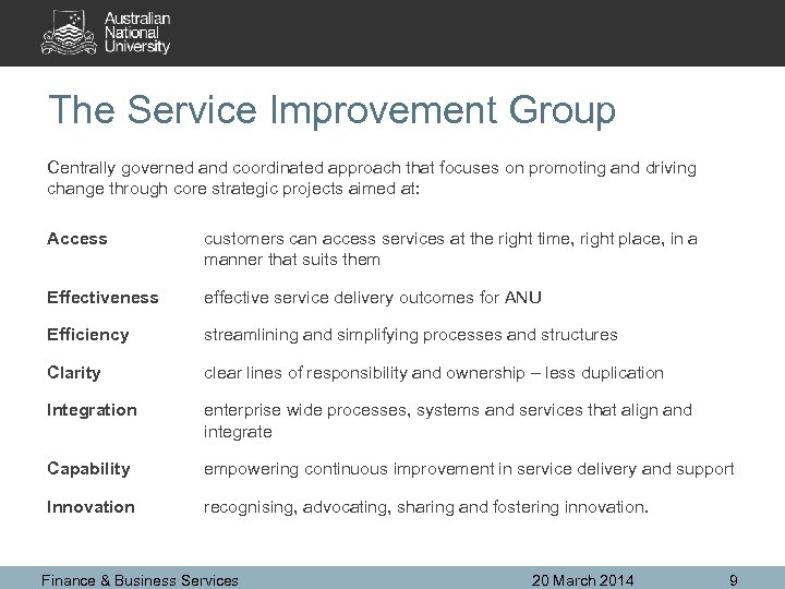 The Service Improvement Group Centrally governed and coordinated approach that focuses on promoting and