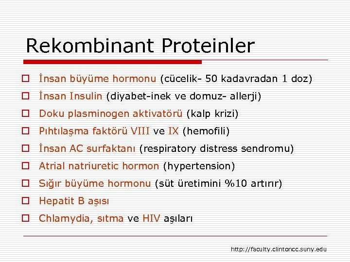 Rekombinant Proteinler İnsan büyüme hormonu (cücelik- 50 kadavradan 1 doz) İnsan Insulin (diyabet-inek ve