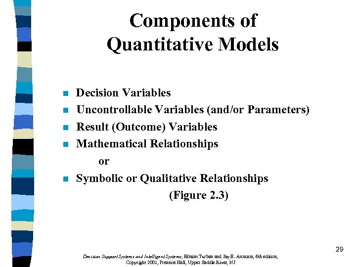 Components of Quantitative Models n n n Decision Variables Uncontrollable Variables (and/or Parameters) Result