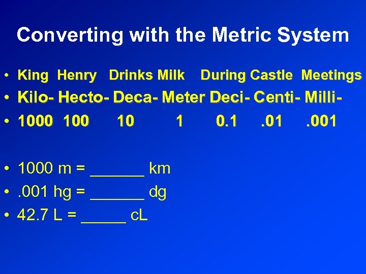 Converting with the Metric System • King Henry Drinks Milk During Castle Meetings •