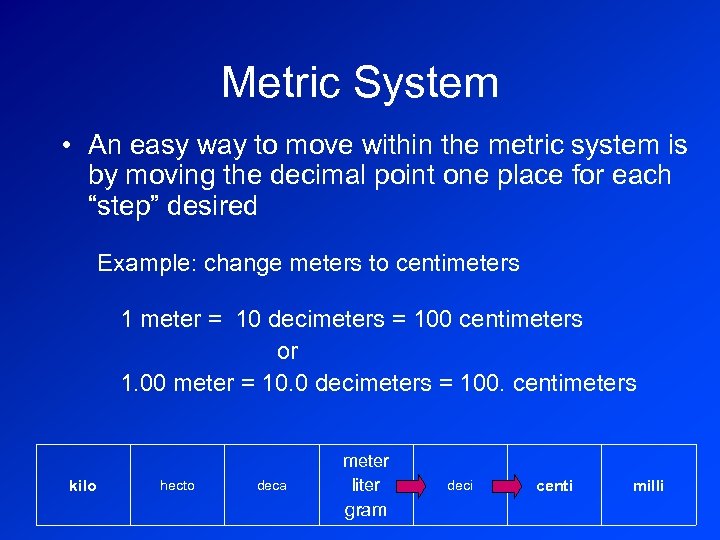 Metric System • An easy way to move within the metric system is by