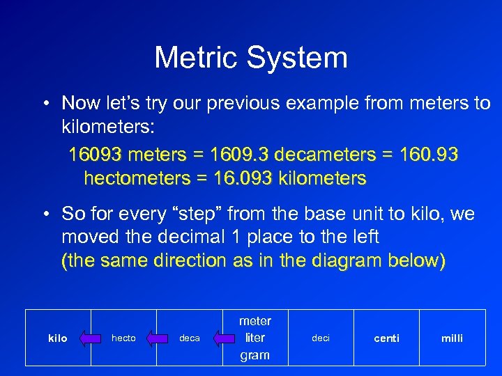 Metric System • Now let’s try our previous example from meters to kilometers: 16093