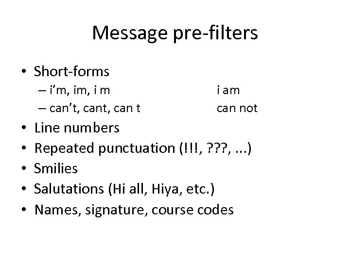 Message pre-filters • Short-forms – i’m, i m – can’t, can t • •