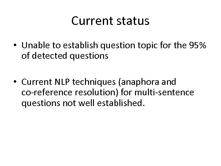 Current status • Unable to establish question topic for the 95% of detected questions