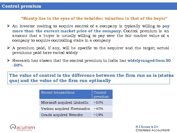 Control premium “Beauty lies in the eyes of the beholder; valuation in that of