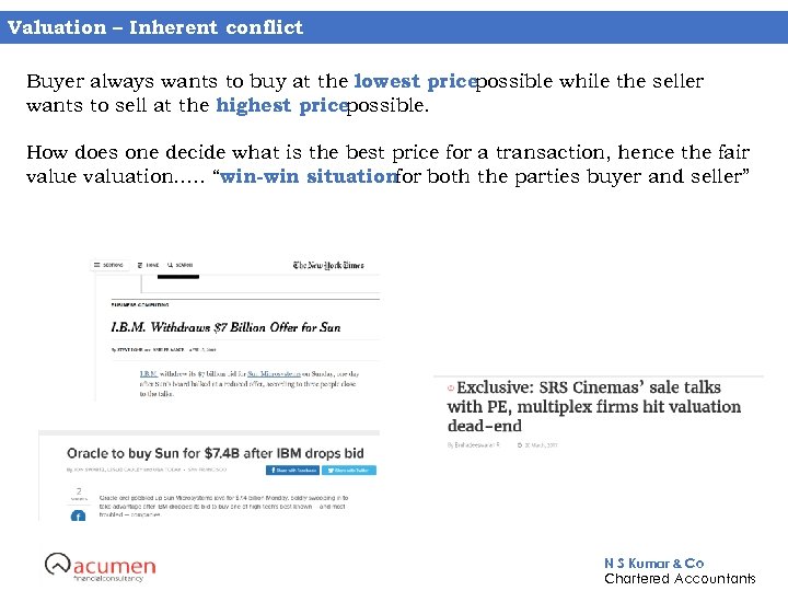 Valuation – Inherent conflict Buyer always wants to buy at the lowest pricepossible while