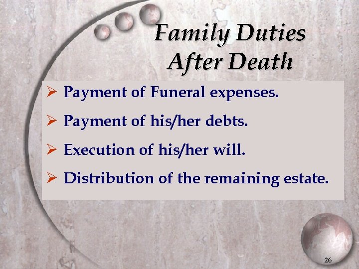 Family Duties After Death Ø Payment of Funeral expenses. Ø Payment of his/her debts.