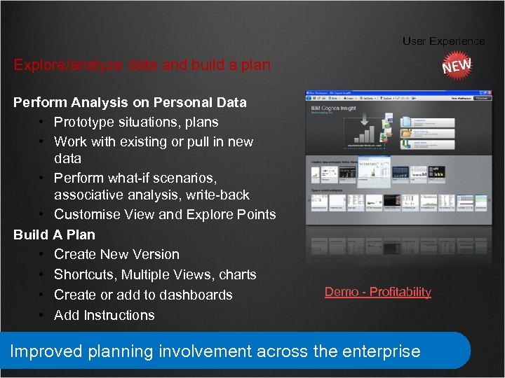 User Experience Explore/analyze data and build a plan Perform Analysis on Personal Data •