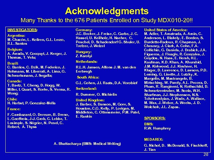 Acknowledgments Many Thanks to the 676 Patients Enrolled on Study MDX 010 -20!! INVESTIGATORS: