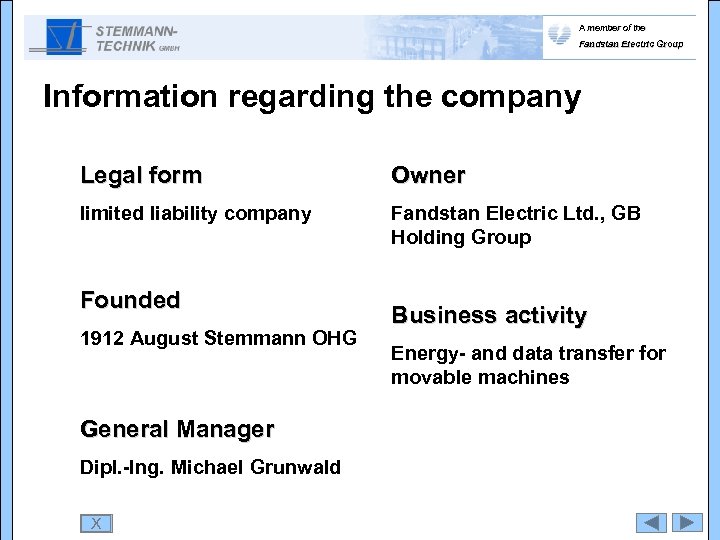 A member of the Fandstan Electric Group Information regarding the company Legal form Owner