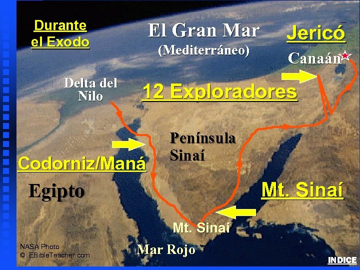 Delta del Nilo El Gran Mar (Mediterráneo) Canaán 12 Exploradores Codorniz/Maná Península Sinaí Mt.