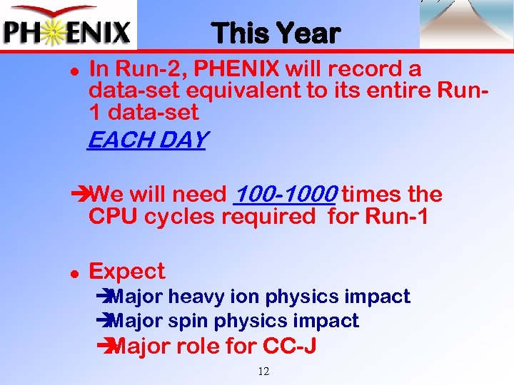 This Year l In Run-2, PHENIX will record a data-set equivalent to its entire