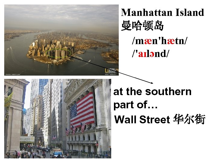 Manhattan Island 曼哈顿岛 /mæn'hætn/ /'aɪlənd/ at the southern part of… Wall Street 华尔街 