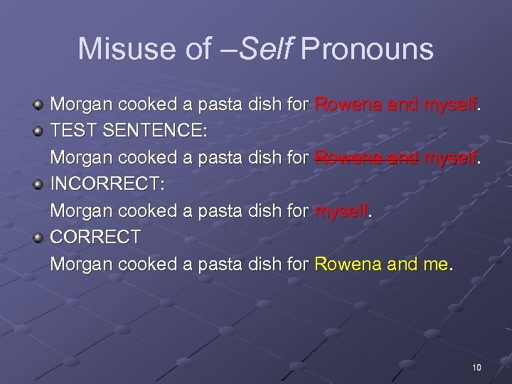 Misuse of –Self Pronouns Morgan cooked a pasta dish for Rowena and myself. TEST