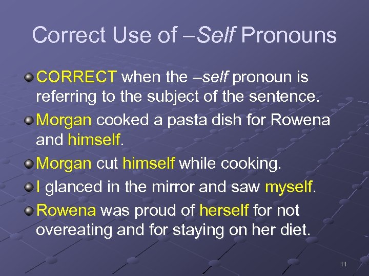 Correct Use of –Self Pronouns CORRECT when the –self pronoun is referring to the