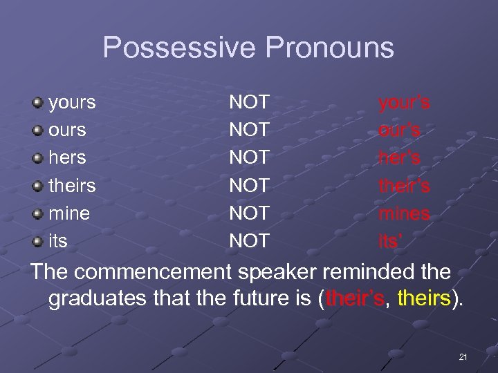 Possessive Pronouns yours hers theirs mine its NOT NOT NOT your’s her’s their’s mines
